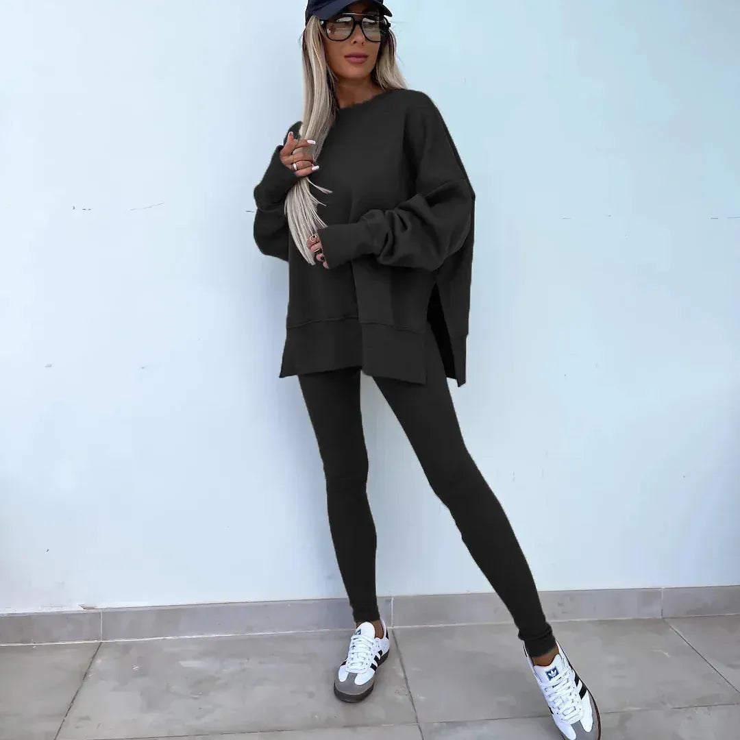 T-line Black / S solid color round neck loose pullover hoodie  suit,  yoga skinny pants und pullover,  legging,  Female two-piece set (2 weeks delivery)