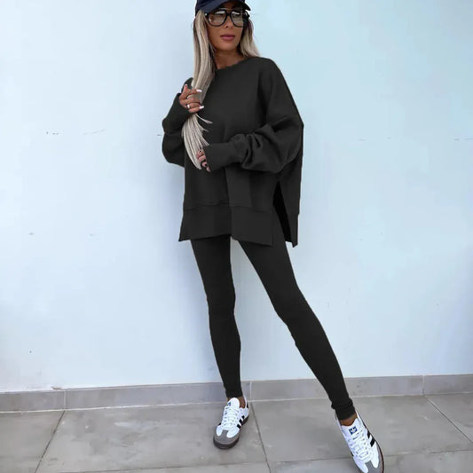 T-line Black / S solid color round neck loose pullover hoodie  suit,  yoga skinny pants und pullover,  legging,  Female two-piece set (2 weeks delivery)