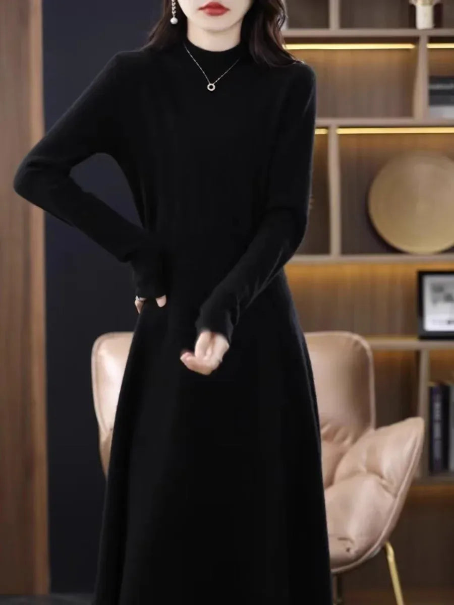 T-line Black / S Thickened Slim Fit Dress, Mid-Length,  Sweater , Women, Wool, Autumn / Winter , Full Sleeve  (2 weeks delivery)