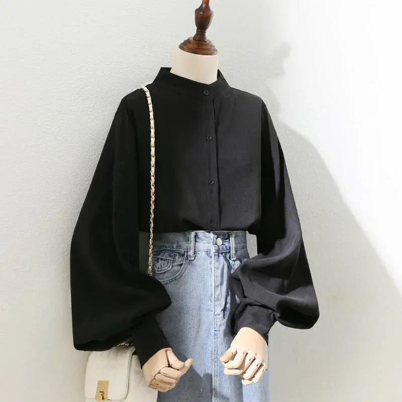 T-line Black / S Woman Blouses, Shirt,  Long Lantern Sleeve, Stand Collar, Loose Blusas, Tops  (2 weeks delivery)