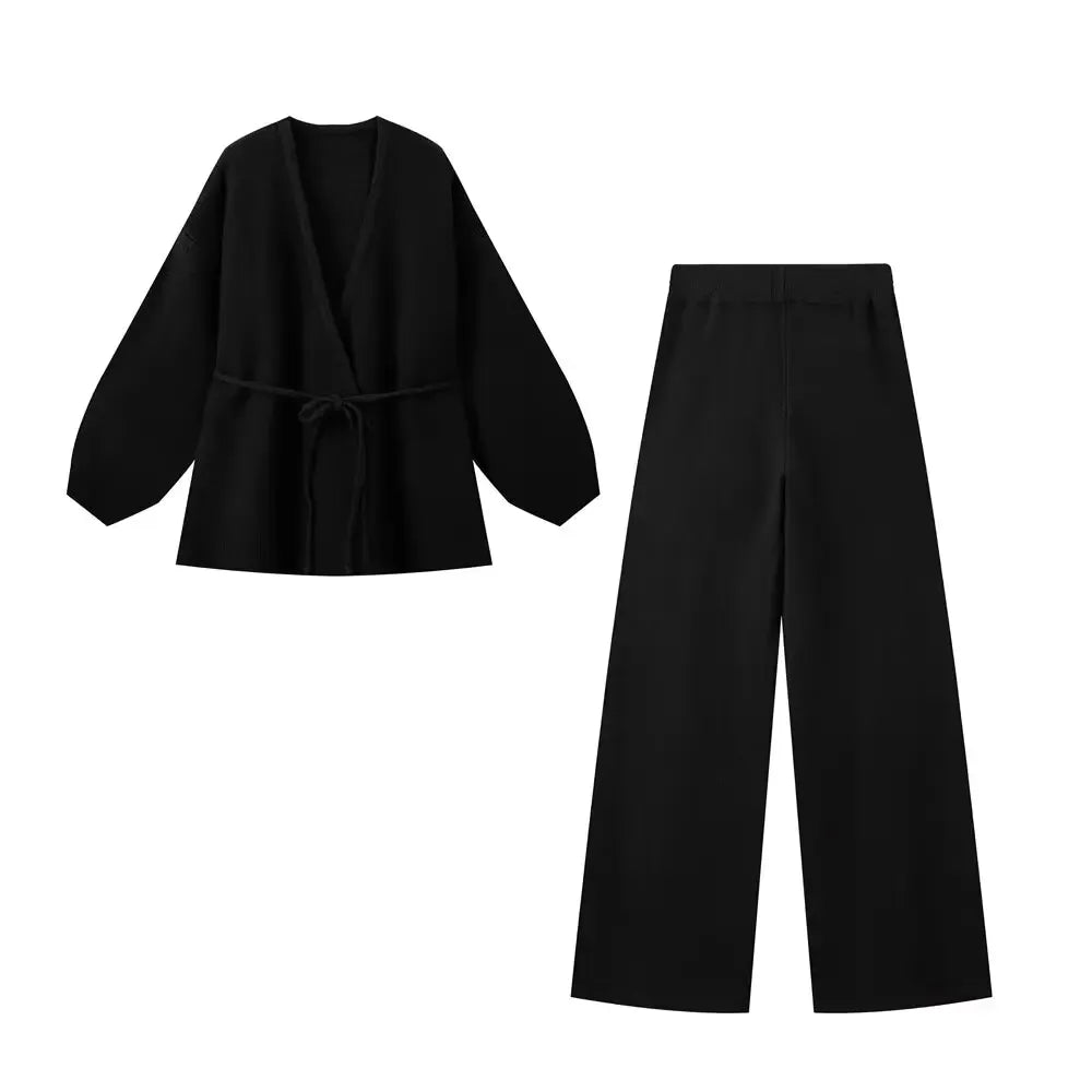 T-line Black / S women's knitted lace up cardigan top and pants set (5 - 10  work days free delivery)