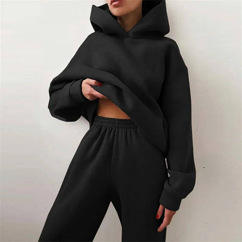 T-line Black / S Women's Oversized Tracksuit, Set, Warm, Autumn / winter,  Hoodie Sweatshirts & Long Pants,  2 Piece Solid, Hoody Pullover  (2 weeks delivery)