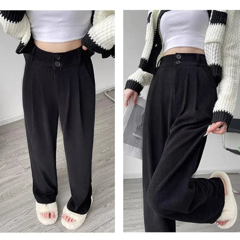 T-line Black / S Women  Suit Pants,  Wide Straight Leg, Double Button, Trouser, High Waist  (2 WEEKS DELIVERY)