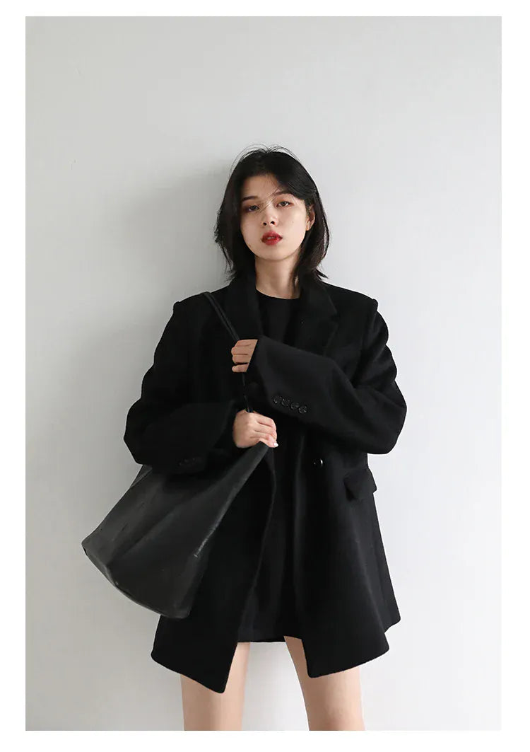 T-line Black / S Women Wool Blend Coat, Solid, Mid Long, Woolen Blazer, ,Overcoat , Autumn Winter(2 weeks delivery)