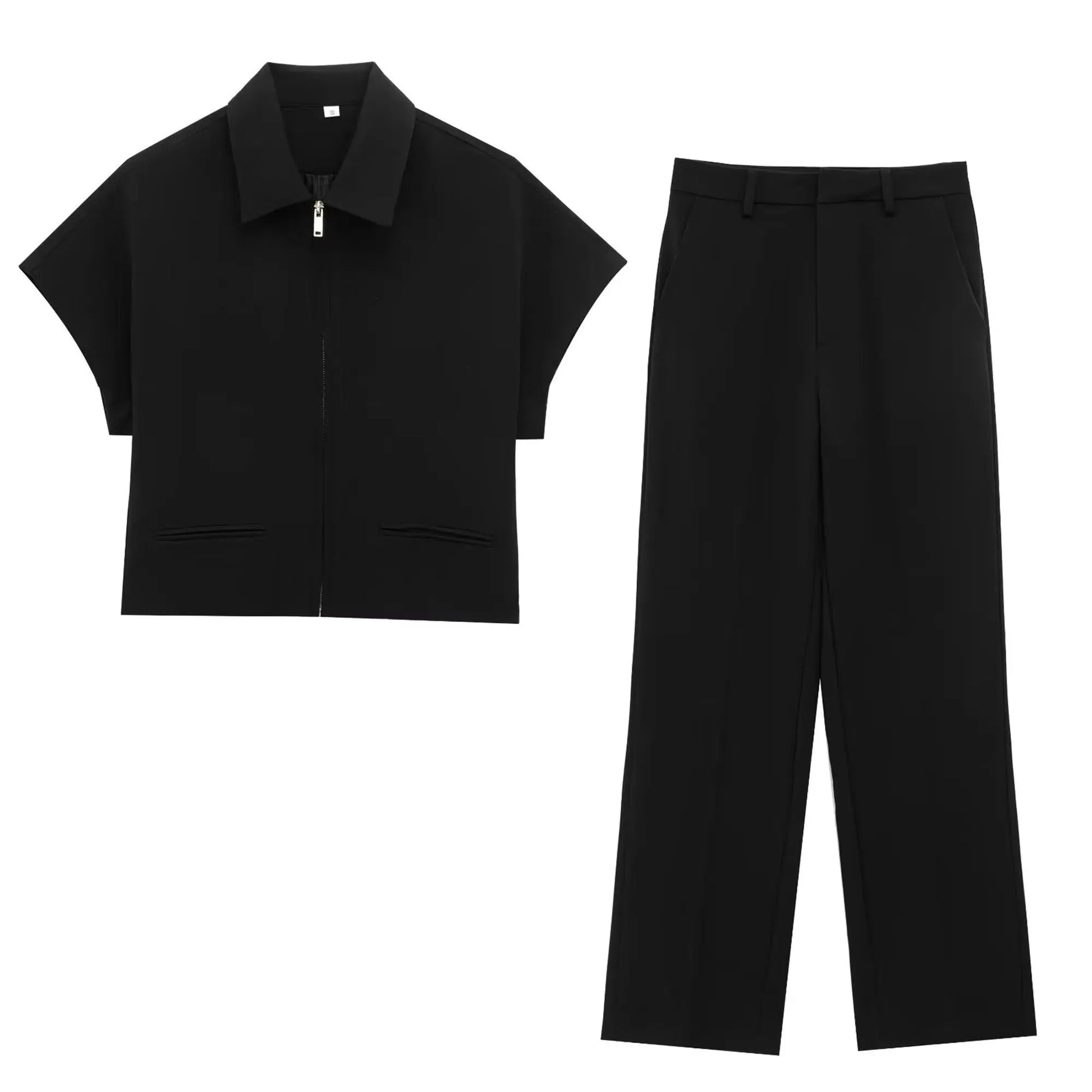 T-line Black set / M Set For Women  Zipper Short Sleeve Coat Top , Wide Leg Pants Two Piece suit (5 - 10  work days free delivery)