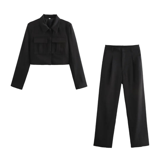 T-line Black Set / S Casual Short Blazer, Suit , Women, Pockets,  Jacket with Pants,   Blazer Suit (we recommend a larger size)(2 weeks delivery)