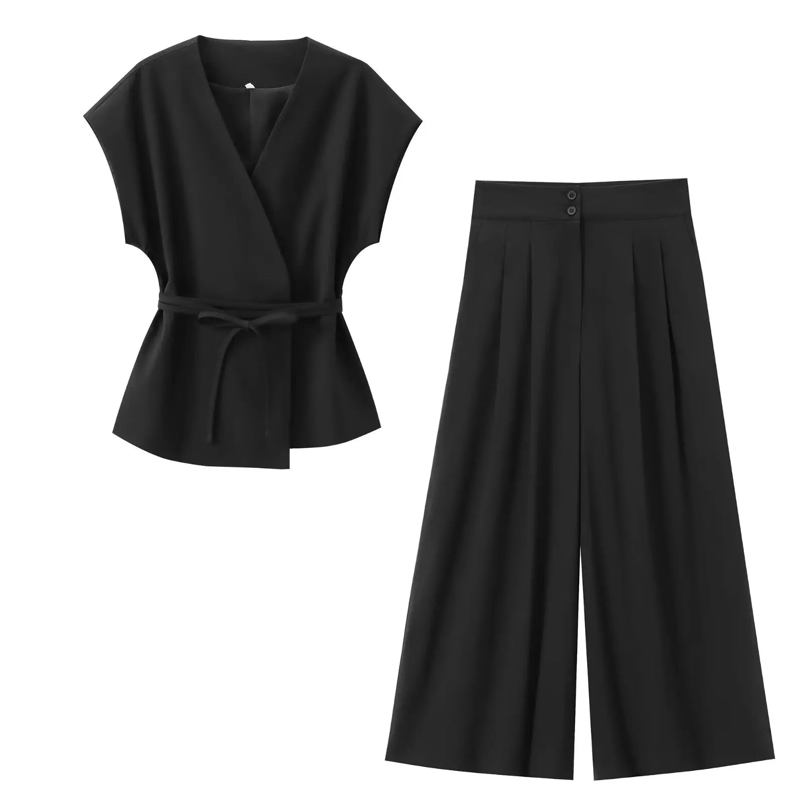 T-line Black Set / XS Women's Trouser/pant  Suits Sleeveless V-Neck Top,  With Belt,  Straight Pants,   2 Piece Set (2 weeks delivery)