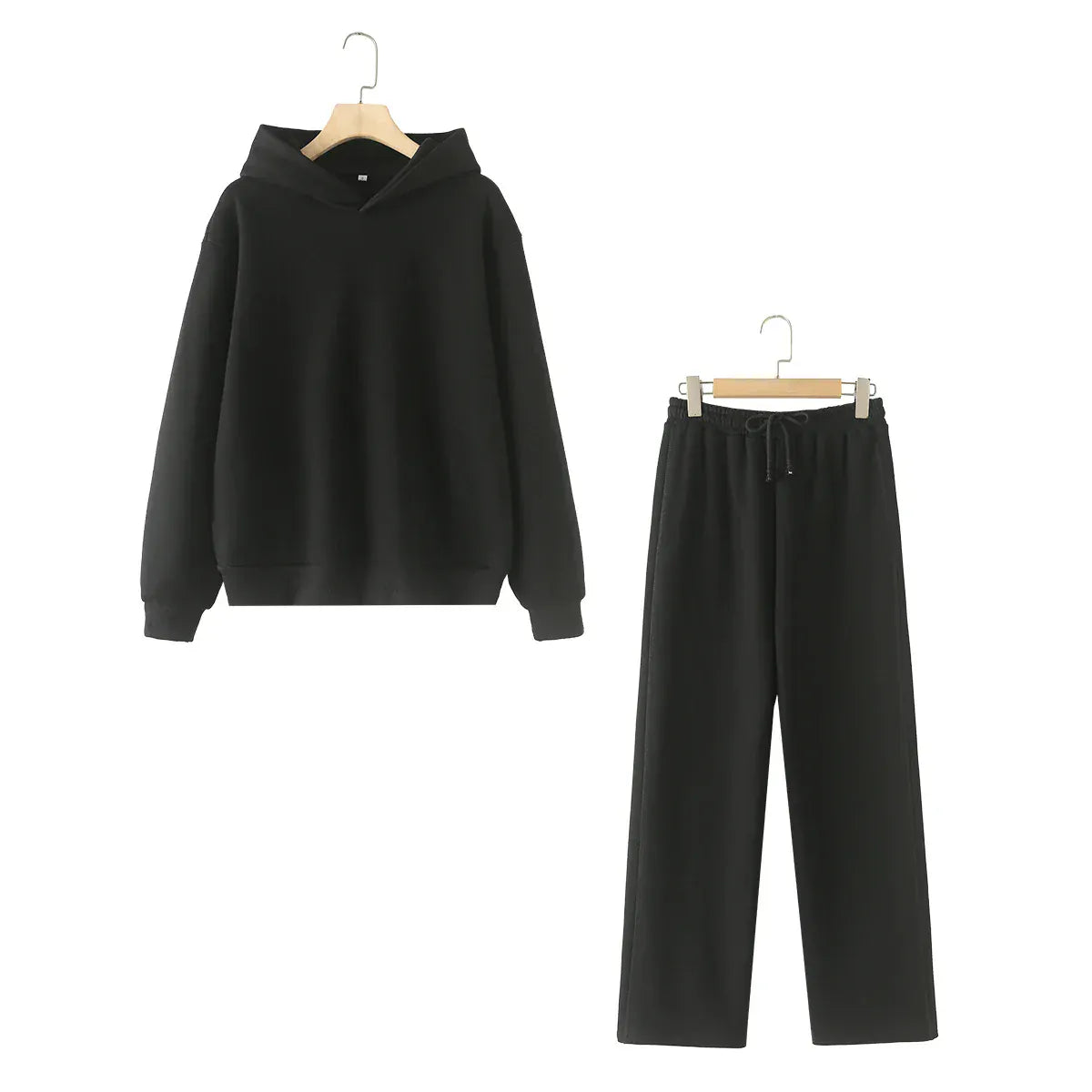 T-line Black Suit / S Sweatshirt Pant Suit , Long Sleeve Hooded Fleece , Straight pants (5 - 10  work days free delivery)