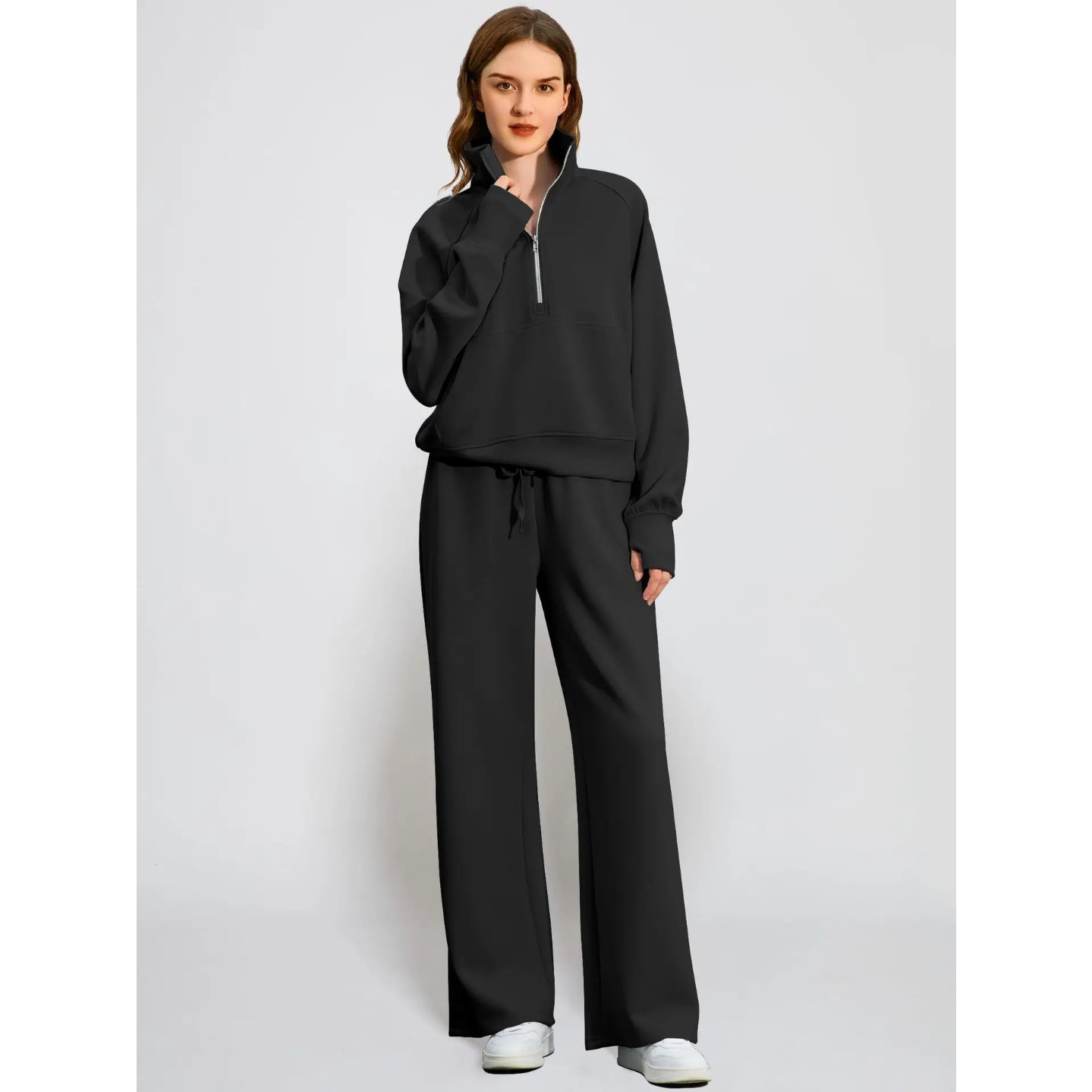 T-line Black / XL Woman Solid Color Half Zip Long Sleeve Sweatshirt and Wide Leg Pants Set Casual Sporty Two Piece Outfit