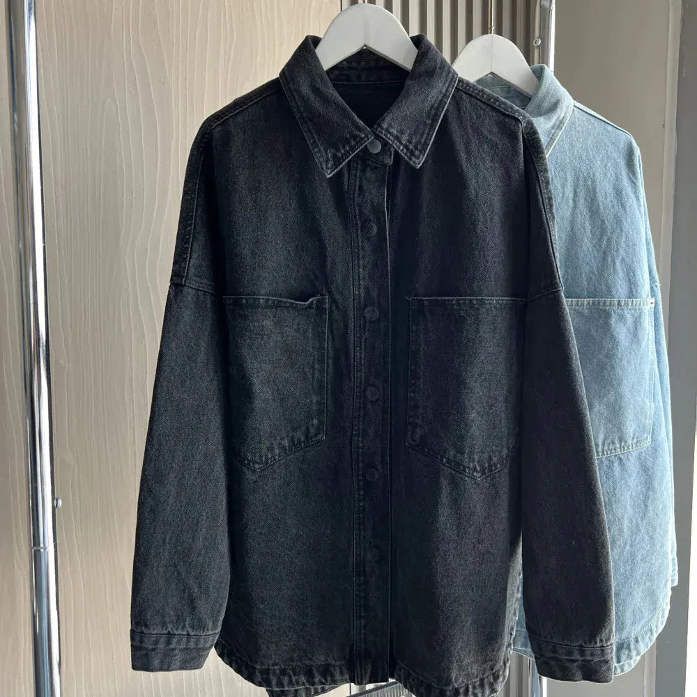 T-line Black / XS Denim Jacket large pockets,  loose,  women's shirt-style denim, summer / autumn /spring  jacket, shirt, jeans (2 weeks delivery)