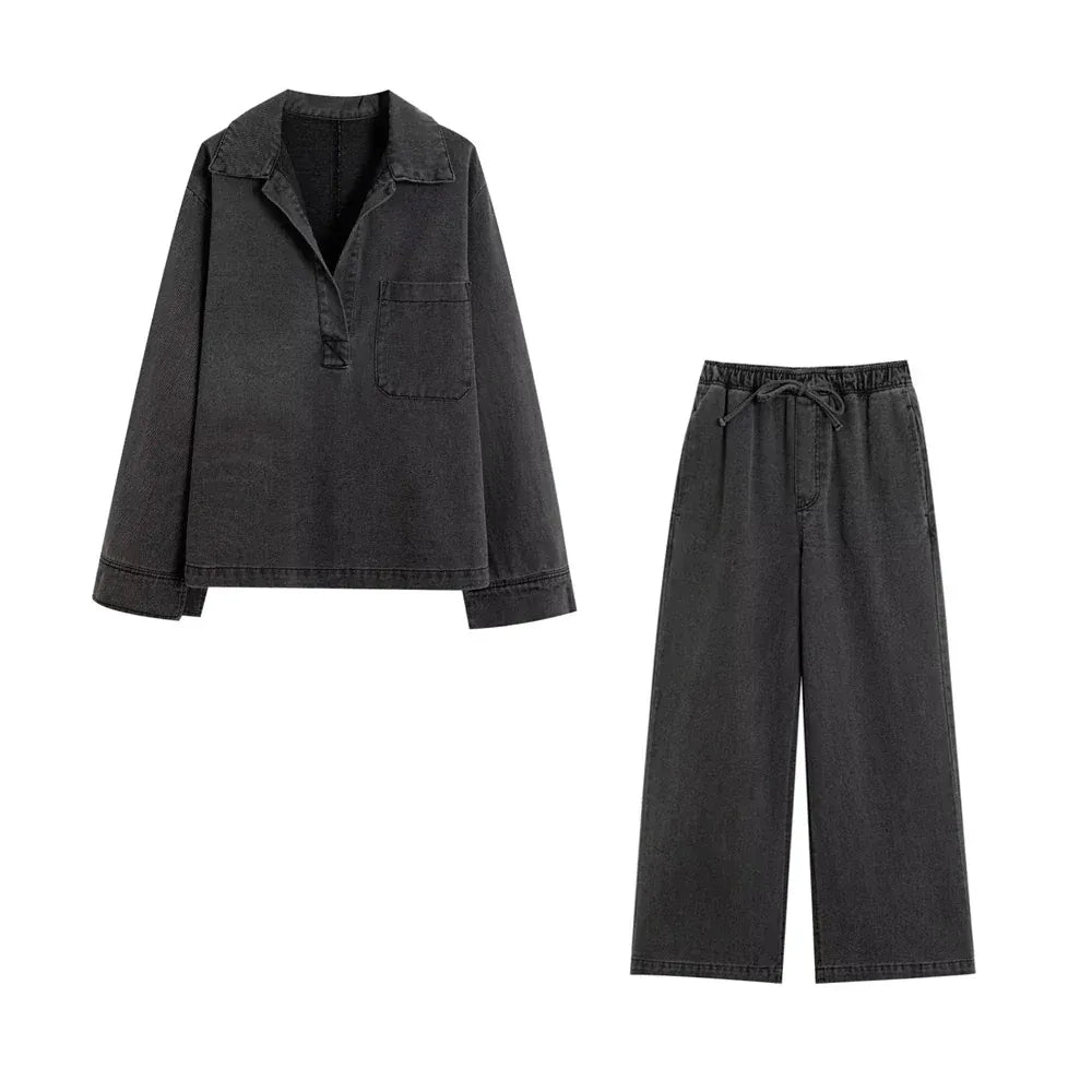 T-line Black / XS Pockets Denim, Loose Shirts,  High  Waist,  Wide Leg Pants, Female Two Piece Sets, suit, jeans, pant. trouser, (2 weeks delivery)