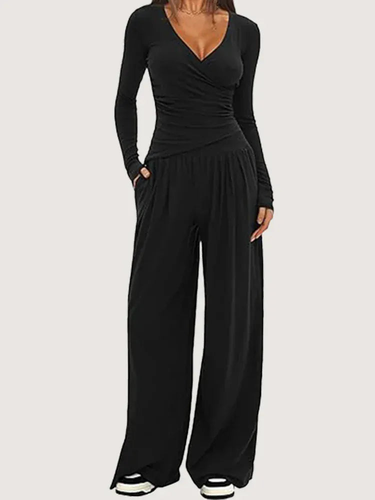T-line Black / XS wide leg pants set, women's long sleeves top  (5 - 10  work days free delivery)