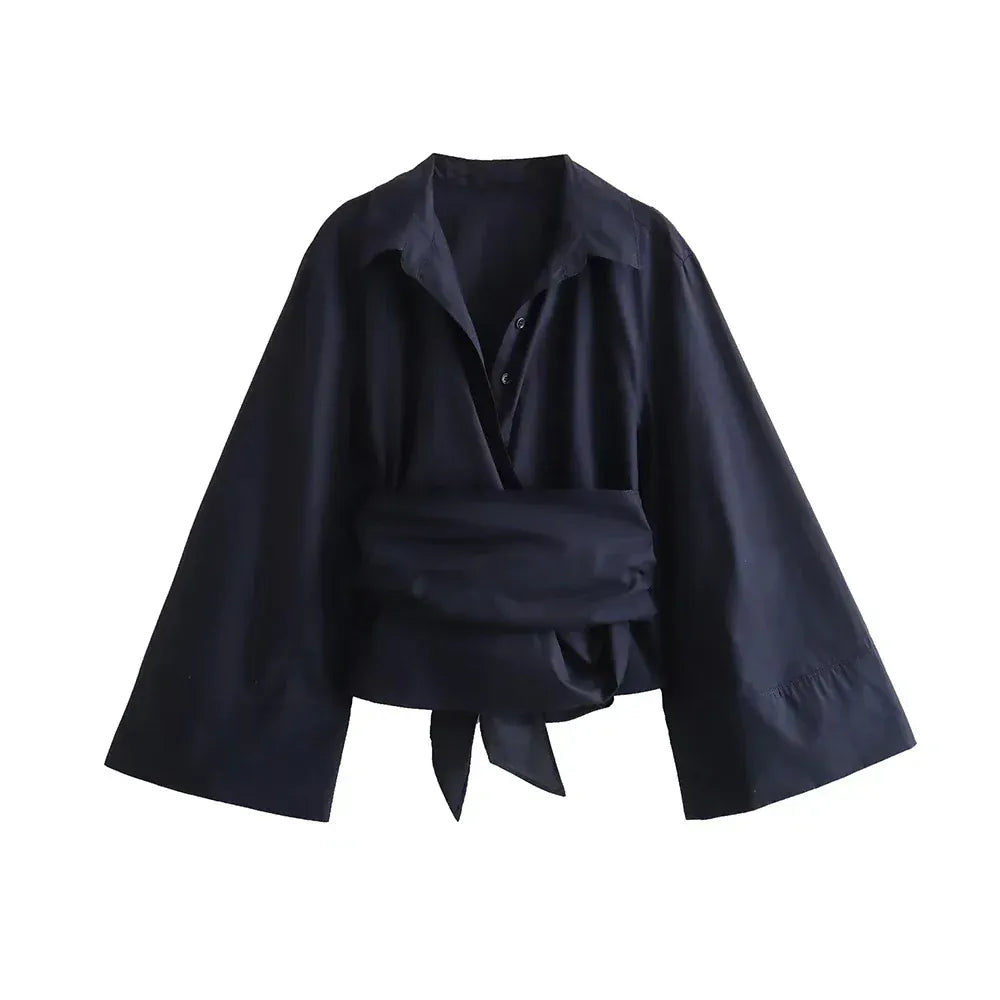 T-line Black / XS Women's Long Sleeve Kimono Blouses With Bow Tie , Female Shirts  (5 - 10  work days free delivery)