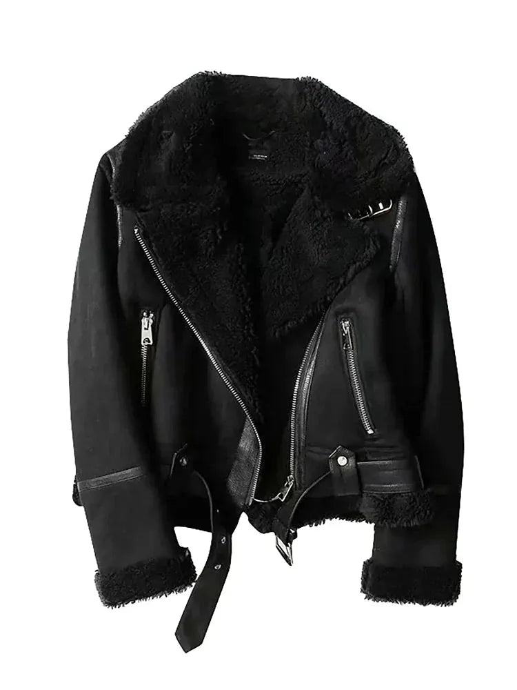 T-line Black / XS Women's  Vintage Faux Fur Lamb Fur Jacket Thickened , Long Sleeve Warm,  Jacket(2 weeks delivery)