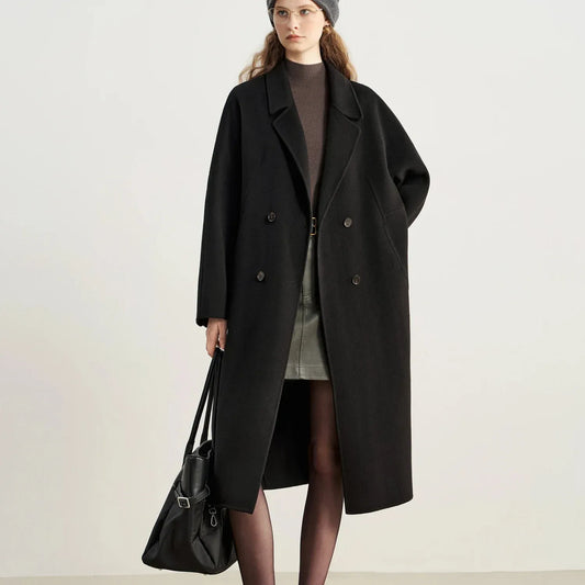 T-line Black / XXS Winter Wool 100% Women's Coat, Double-Faced Wool, Blend Coat, with Raglan Sleeve,  Short Tweed Overcoat f (2 weeks delivery)