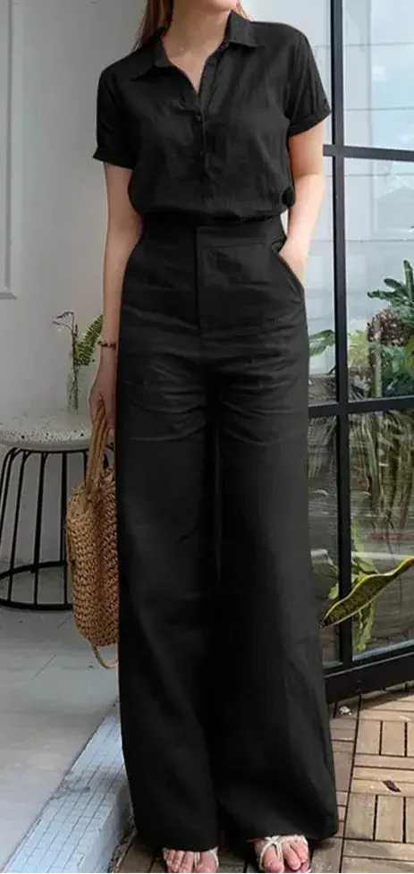 T-line Black / XXXL Summer Women  Short Sleeve Shirt, Loose Wide Leg Pants,  Suit, set (2 weeks delivery)