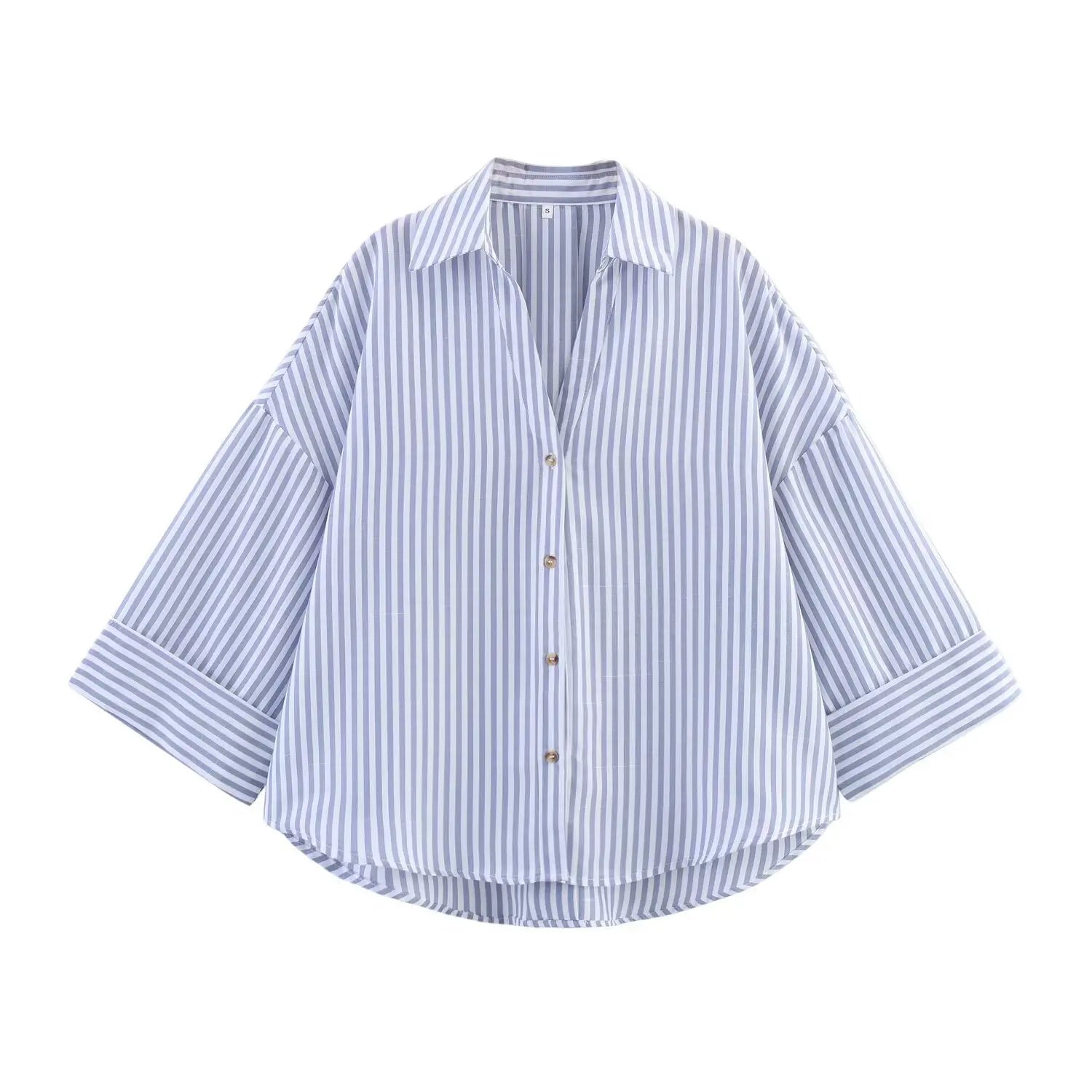 T-line Blue / M Summer Women's Curled Wide Sleeves Linen Blended Striped Asymmetric Casual Shirt Versatile Collar Linen Blended Printed Shirt