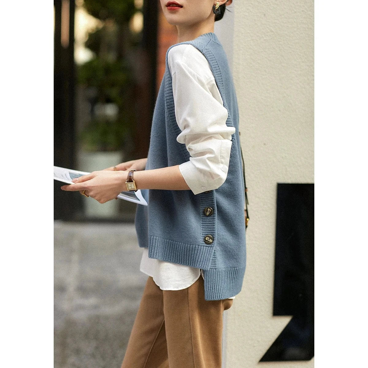 T-line Blue / One Size Autumn Winter Women Vest, Knitted, Sweater Sleeveless, Jumper Loose ,O-Neck (2 weeks delivery)