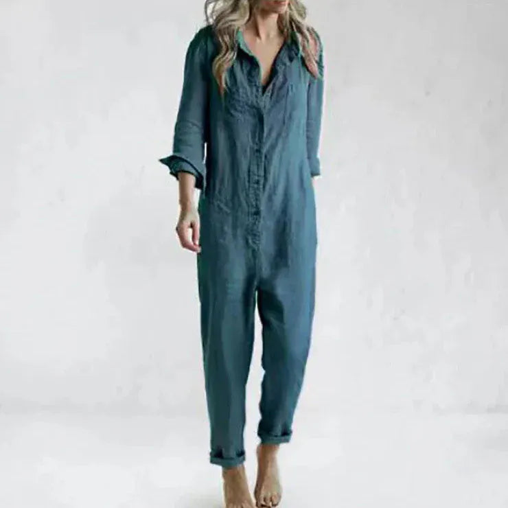 T-line Blue / S Cotton Linen  Jumpsuits, Women, Single Breasted, Button, , Long Sleeve, , Solid, Pockets, Overalls (2 weeks delivery)