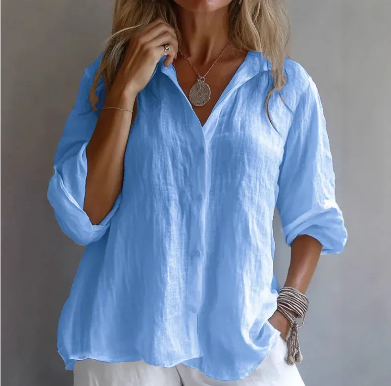 T-line Blue / S Long Sleeve, Pure Color, Women Cotton, Linen, Button, blouse (2 weeks delivery)