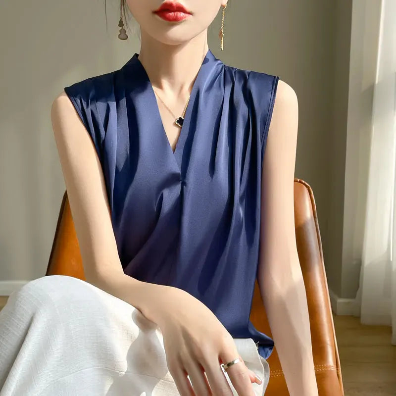 T-line Blue / S Tops, Blouses, Solid Color,  Satin, shirt, Sleeveless female Shirts,  (2 weeks delivery)