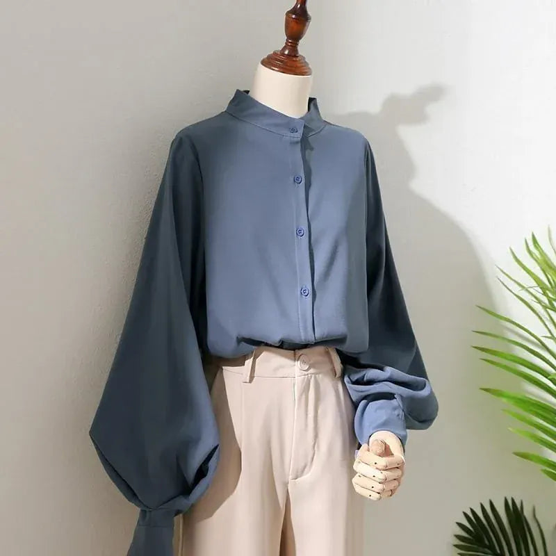 T-line Blue / S Woman Blouses, Shirt,  Long Lantern Sleeve, Stand Collar, Loose Blusas, Tops  (2 weeks delivery)