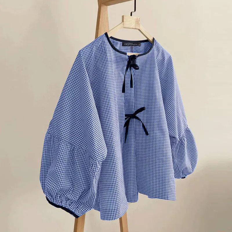 T-line Blue / S Women Plaid Blouse,  Shirts,  O-neck, Long Sleeve, (2 weeks delivery)