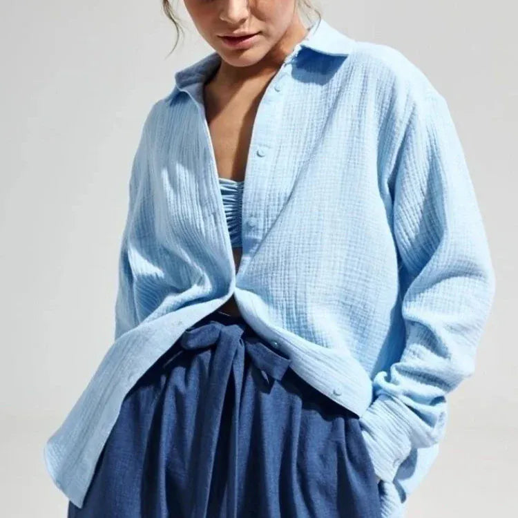 T-line Blue / S Women's 100% Cotton Shirts, Solid color,  Long Sleeve, Loose Top,s Crepe Shirts, blouse (2 weeks delivery)