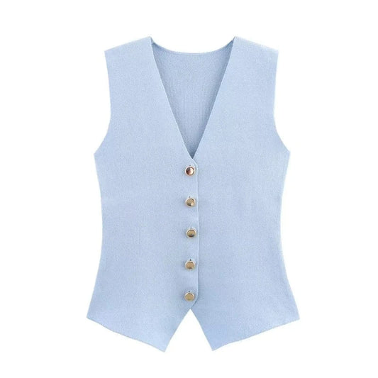 T-line Blue / S women's elegant fashion , V-neck sleeveless vest jacket knitted waistcoat (5 - 10 free delivery)