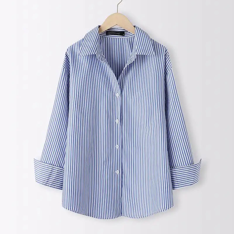 T-line Blue / S Women Striped Blouse, Shirts, Loose, Long Sleeve,  Button Up,  Tops (2 weeks delivery)