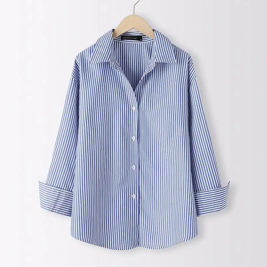 T-line Blue / S Women Striped Blouse, Shirts, Loose, Long Sleeve,  Button Up,  Tops (2 weeks delivery)