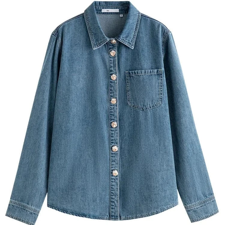 T-line Blue Soft Denim Shirt,  Female,  Autumn, Long Sleeves, V-Neck, Women Shirt, top  (2 weeks delivery)