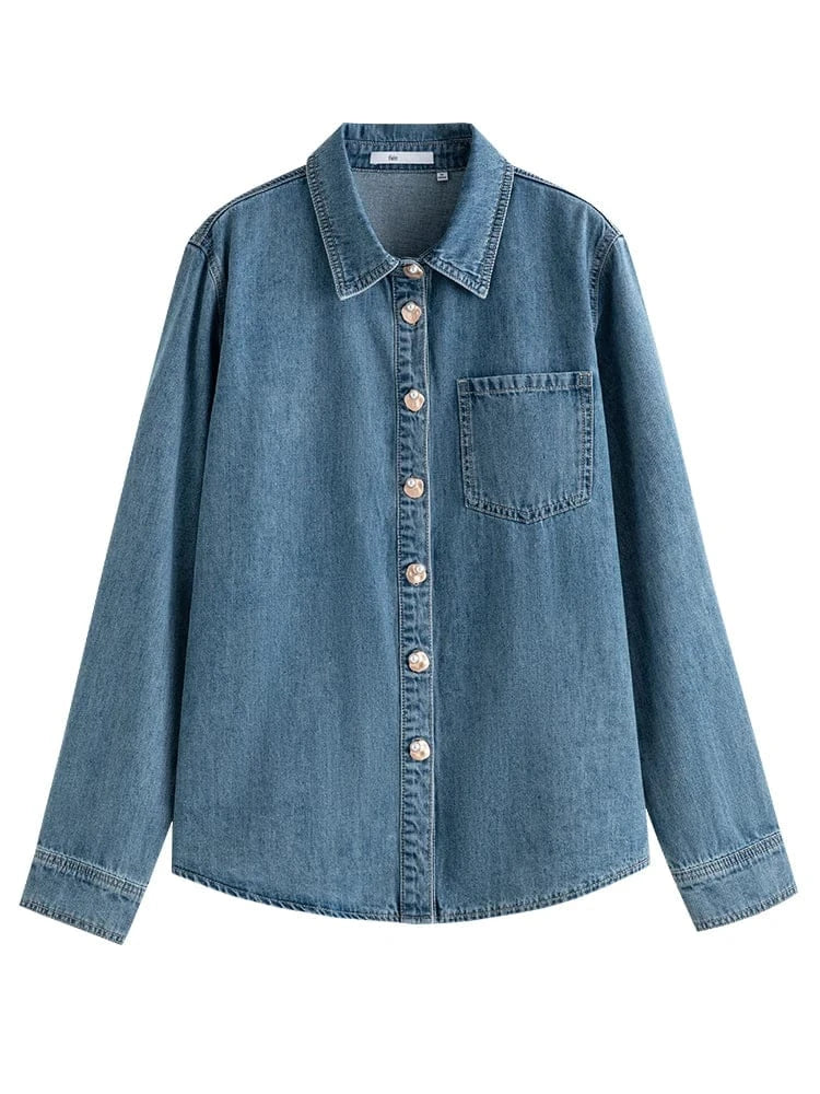 T-line Blue Soft Denim Shirt,  Female,  Autumn, Long Sleeves, V-Neck, Women Shirt, top  (2 weeks delivery)