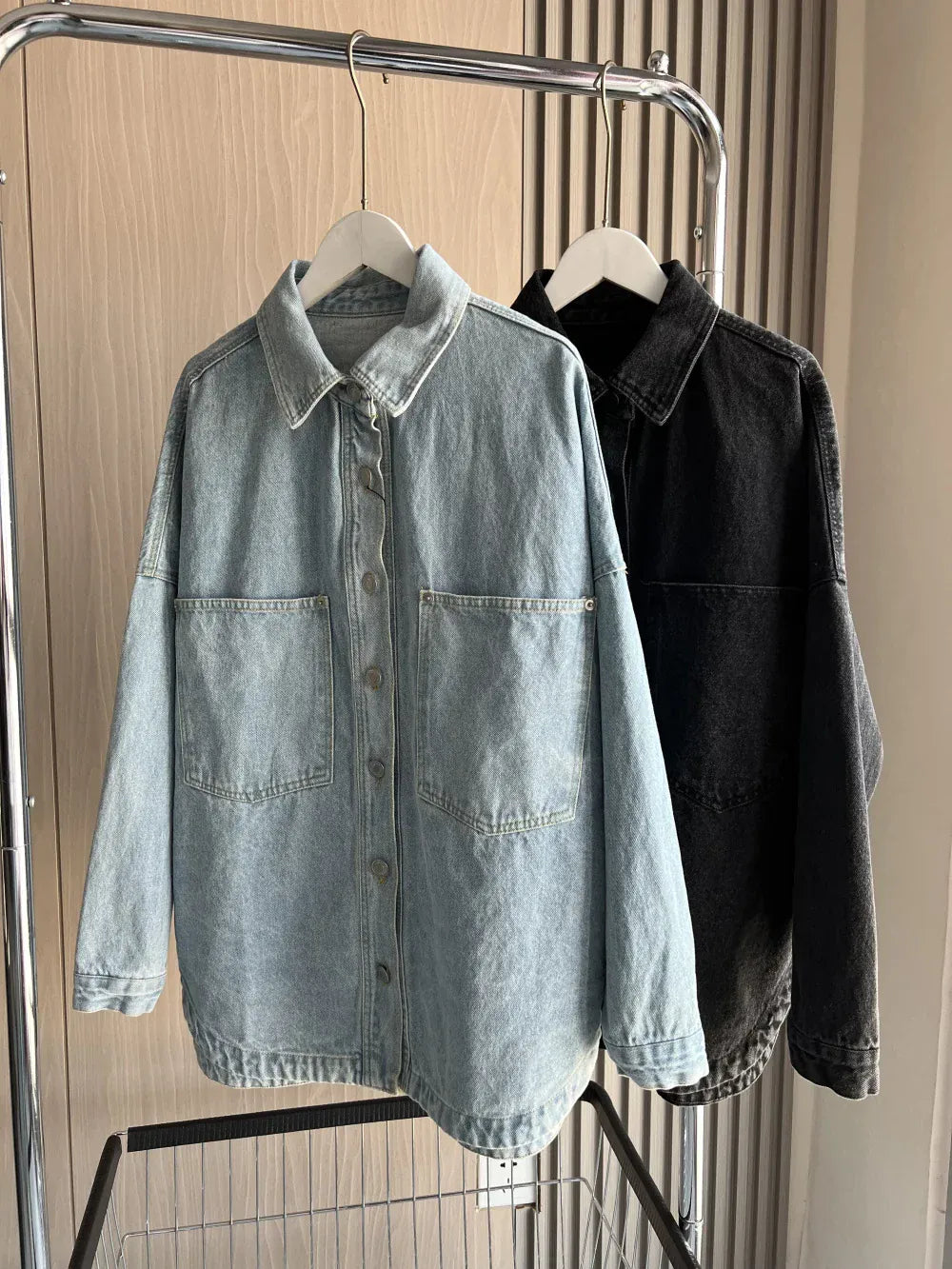 T-line Blue / XS Denim Jacket large pockets,  loose,  women's shirt-style denim, summer / autumn /spring  jacket, shirt, jeans (2 weeks delivery)