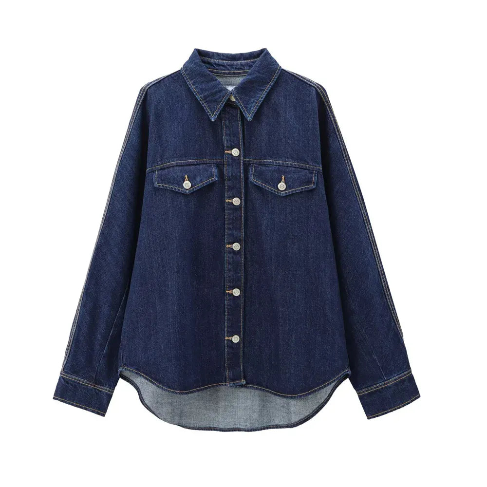 T-line Blue / XS Oversized Denim Shirts, Pockets , Women, Long Sleeve, Button-up, Female Blouses,  Tops (2 weeks delivery)
