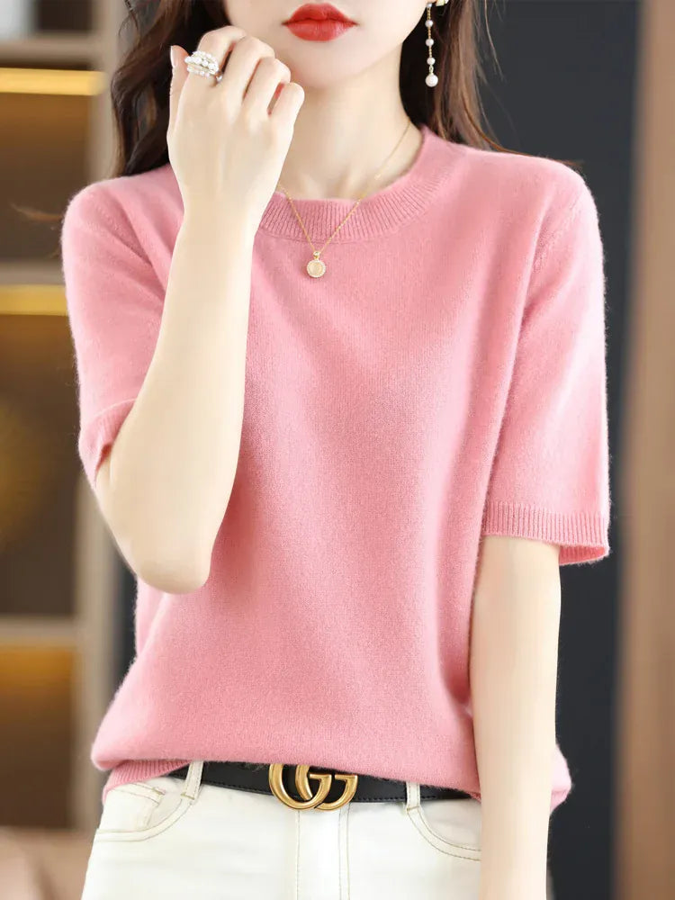T-line Bright Pink / M / CHINA Short-sleeved Knitwear Women O-neck T-shirt,  Wool, Cotton Pullover, Sweater, Solid, Soft (2 weeks delivery)