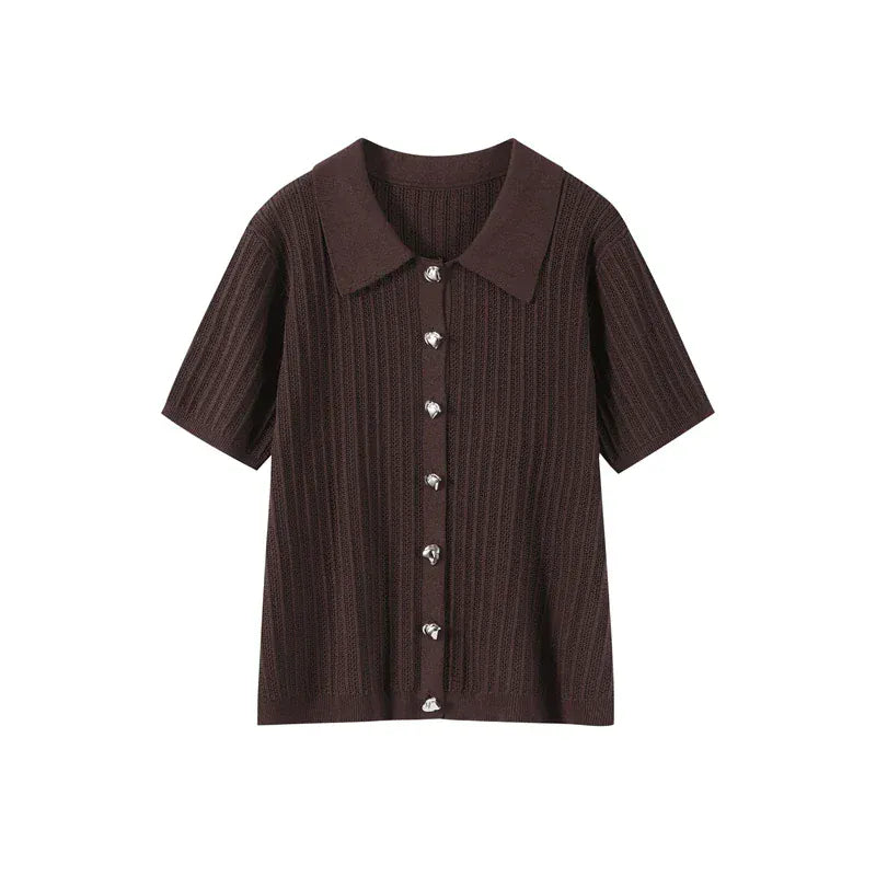 T-line Brown Cardigan / XS Knitted Pants, top  women Set,  Half Sleeve Tops Elastic Waist Straight Trousers, pant, Autumn (2 weeks delivery)