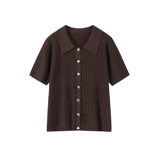 T-line Brown Cardigan / XS Knitted Pants, top  women Set,  Half Sleeve Tops Elastic Waist Straight Trousers, pant, Autumn (2 weeks delivery)