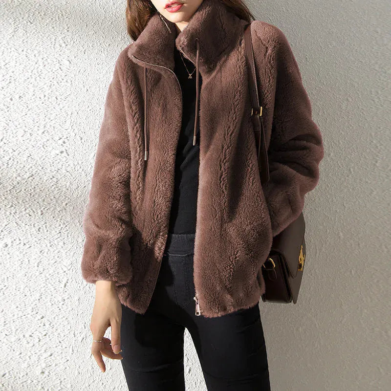 T-line Brown / M Women Winter Double  Fleece Warm Coat, Thick Overcoat Female, Long Sleeve Zipper Clothes(2 weeks delivery)