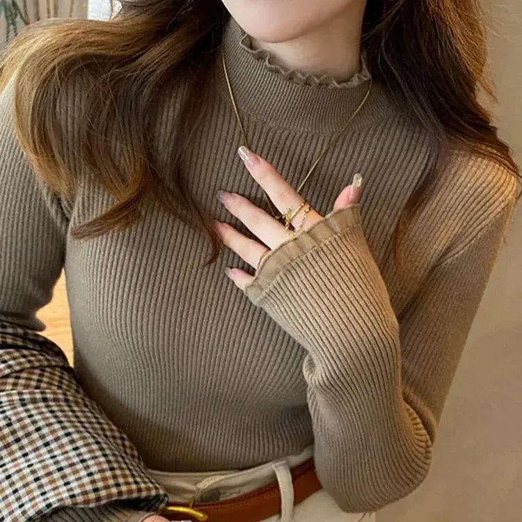 T-line Brown / One Size Ruched Lace Solid Basic Knitted Tops Women Turtlneck Sweater Long Sleeve Casual Slim Pullover Korean Fashion Simple Chic Clothes (2 weeks delivery)