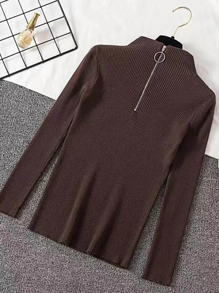 T-line Brown / One Size Women Knitted Sweaters,  Long Sleeve , Zip-up,  Basic Female Pullovers  (2 weeks delivery)