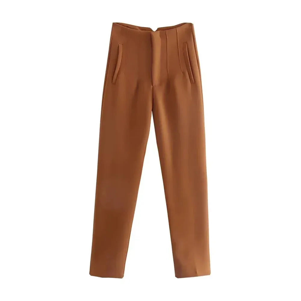 T-line Brown / S High Waist Solid Pants, for Women,  Trousers,  Pockets, Zipper  Pants trouser (2 weeks delivery)