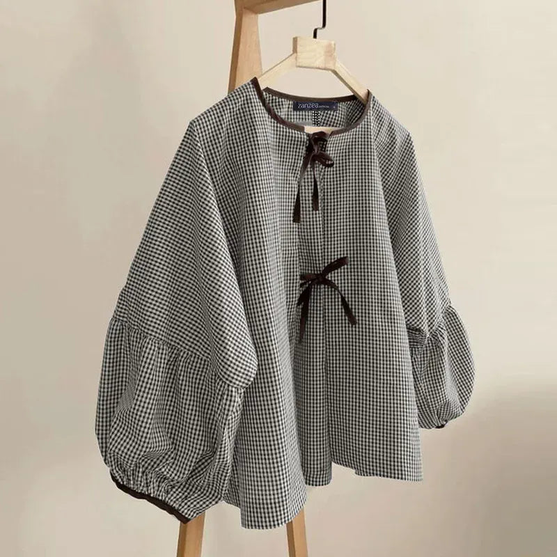 T-line Brown / S Women Plaid Blouse,  Shirts,  O-neck, Long Sleeve, (2 weeks delivery)