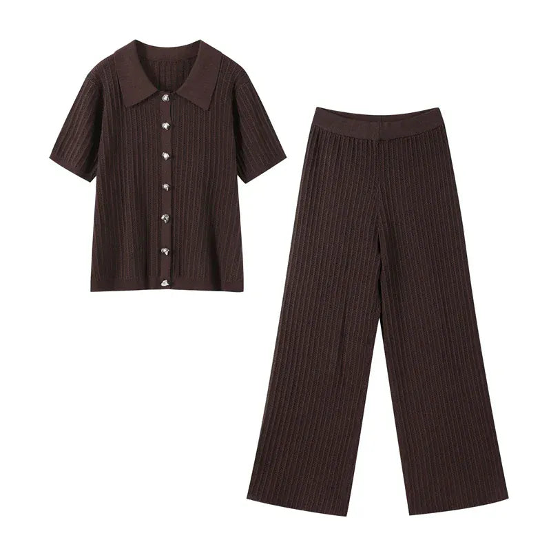 T-line Brown Set / XS Knitted Pants, top  women Set,  Half Sleeve Tops Elastic Waist Straight Trousers, pant, Autumn (2 weeks delivery)