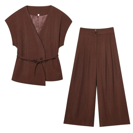 T-line Brown Set / XS Women's Trouser/pant  Suits Sleeveless V-Neck Top,  With Belt,  Straight Pants,   2 Piece Set (2 weeks delivery)