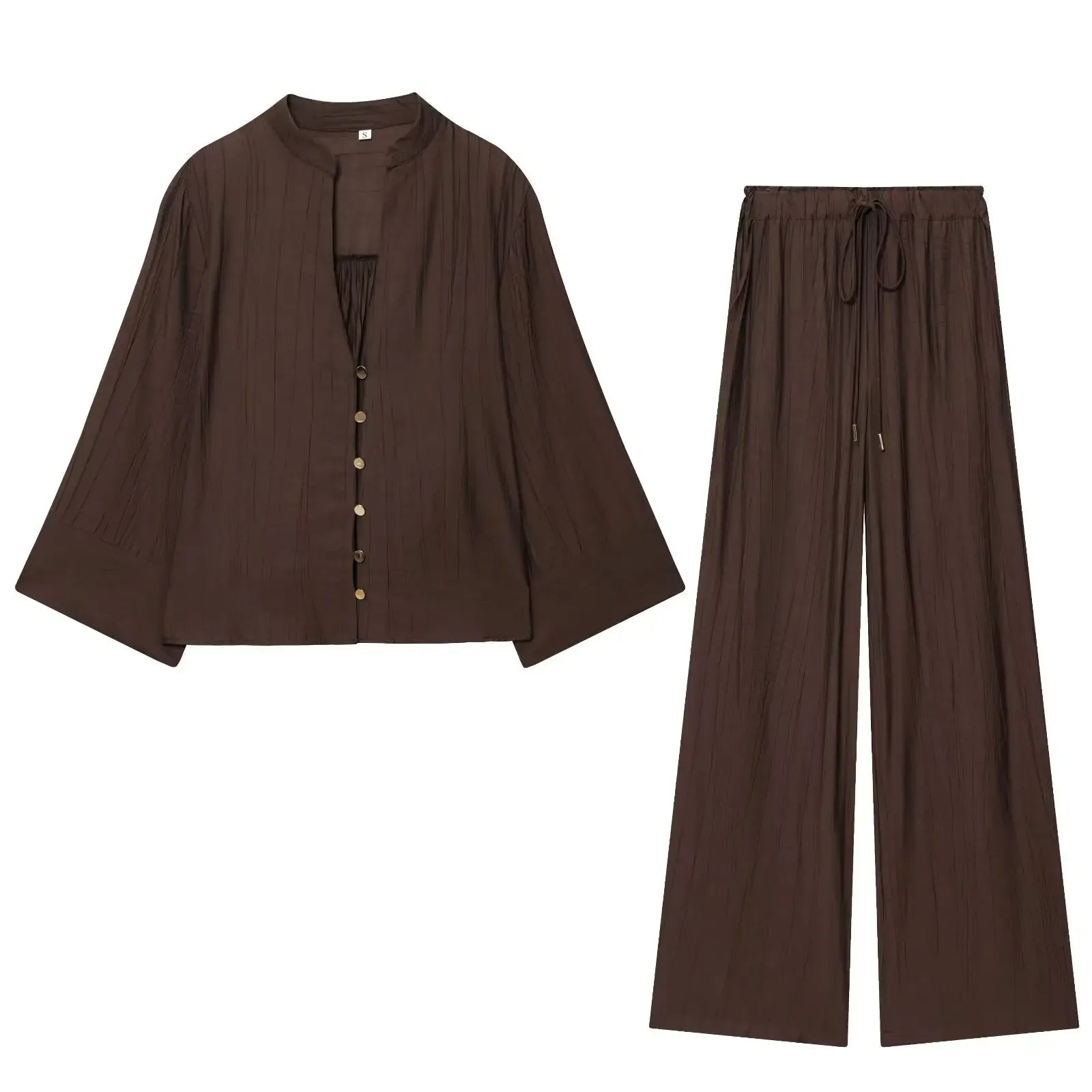 T-line Brown Sets / XS Wide Leg Pants, Long Sleeve V neck Shirt,  wide pant, Sets For Women,  2 Pieces suit  Woman  (2 weeks delivery)