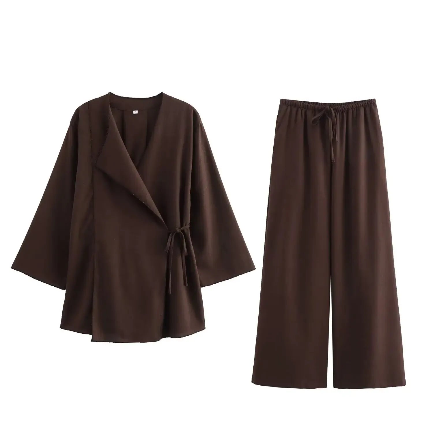 T-line Brown / XS 2 Pieces Sets,  Women Kimono Style suit,  Loose Lace Up Shirts Tops Women's Wide Leg Pants Sets (2 weeks delivery)