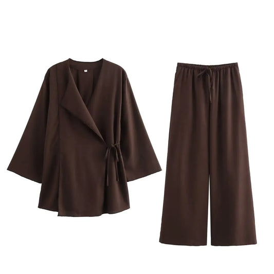 T-line Brown / XS 2 Pieces Sets,  Women Kimono Style suit,  Loose Lace Up Shirts Tops Women's Wide Leg Pants Sets (2 weeks delivery)