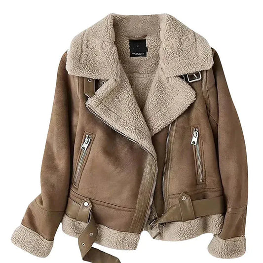 T-line Brown / XS Women's  Vintage Faux Fur Lamb Fur Jacket Thickened , Long Sleeve Warm,  Jacket(2 weeks delivery)