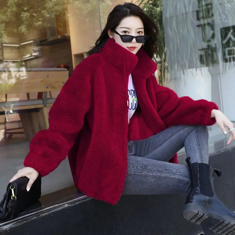 T-line Burgundy / M Women Winter Double  Fleece Warm Coat, Thick Overcoat Female, Long Sleeve Zipper Clothes(2 weeks delivery)